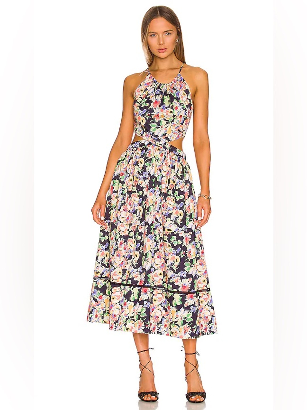 Something Navy Floral Cut Out Navy‎ Blue Combo Midi Dress Size Medium